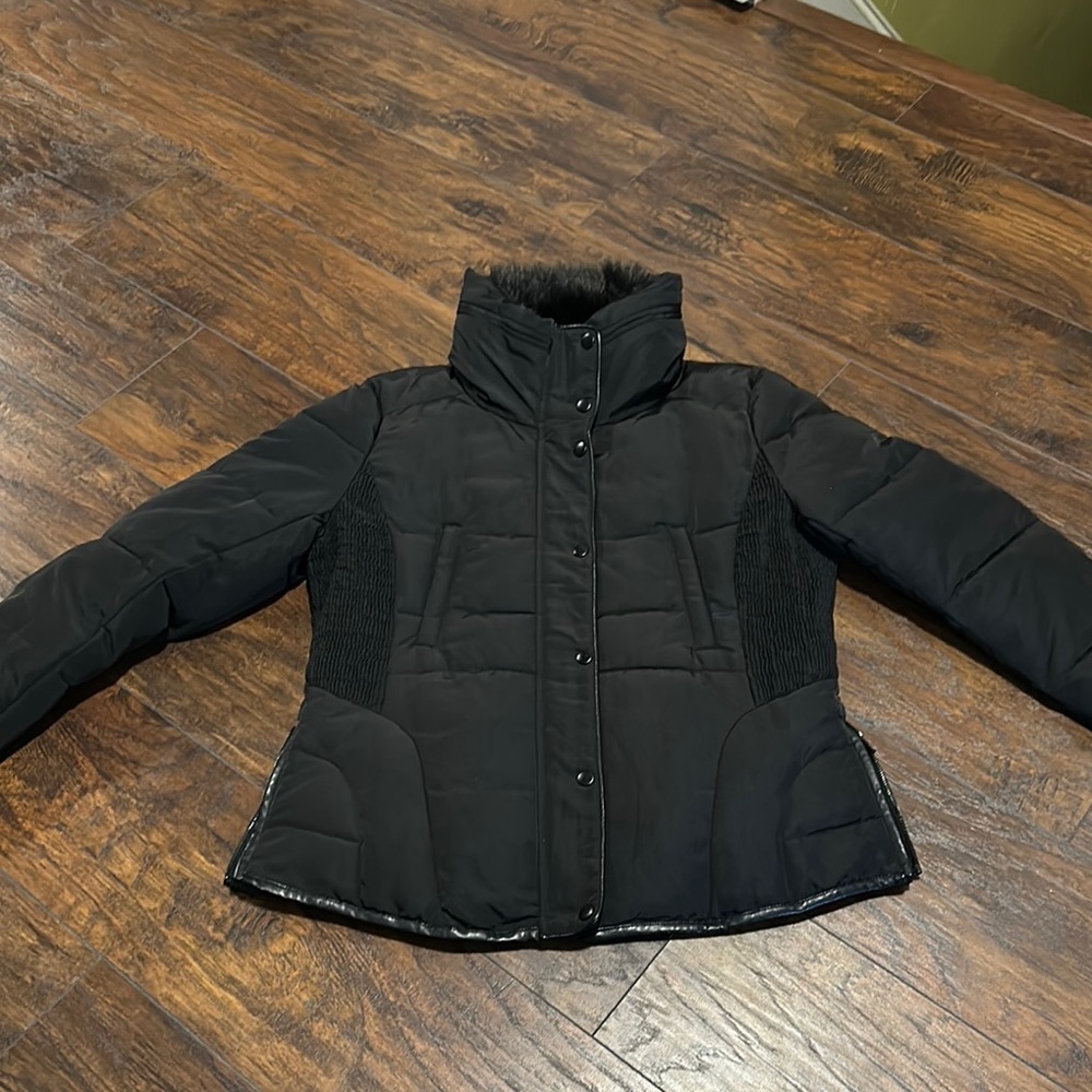 Black Rivet Women's Black Short Puffer Faux Fur Neck Faux Leather Trim Jacket L